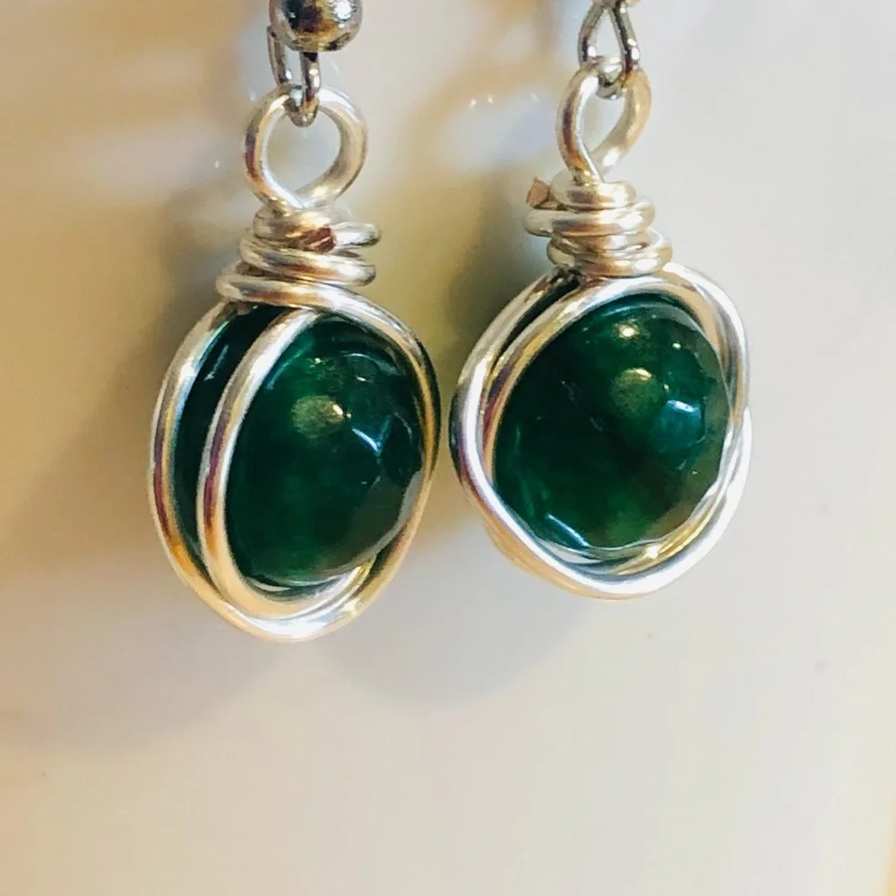 Green aventurine beaded dangle earrings handmade wire wrapped gemstone earrings